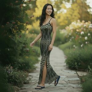 Navy Blue & Cream Herringbone Maxi Dress w/Adjustable Straps Sz Large